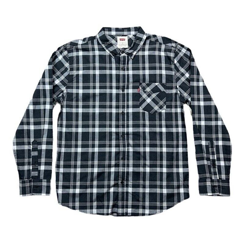 Levis Mens Reese Oxford Shirt Black Gray Plaid Long Sleeve Pocket XL New